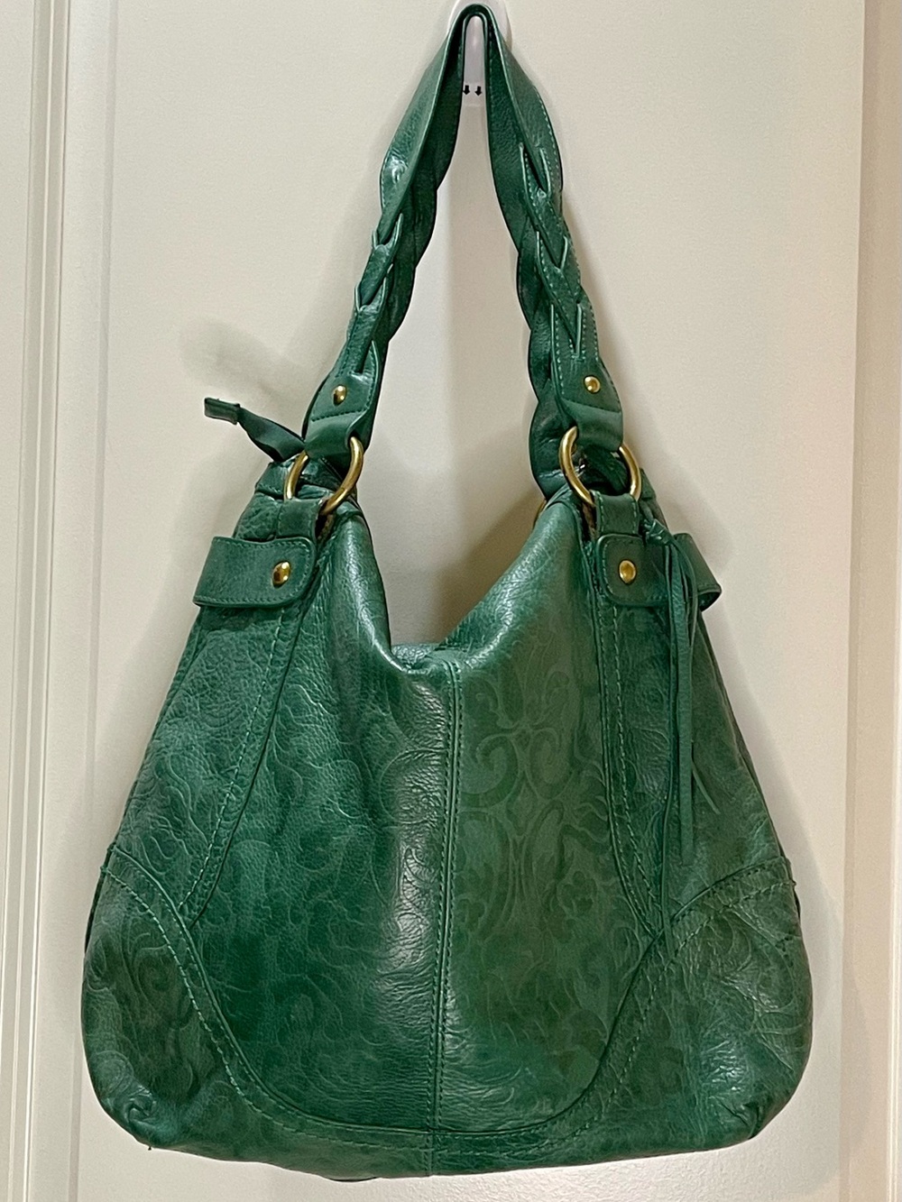 Fossil Emerald Green Embossed Leather Shoulder Bag with Braided Straps